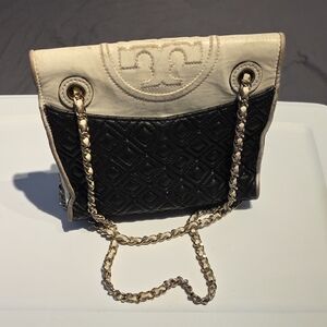 Tory Burch Black and White Quilted Crossbody Bag With Flaw